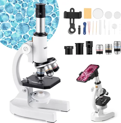 Image de VEVOR Microscope monoculaire pour adultes, set de microscope composite professionnel, grossissement 40X-2000, boîtier en alliage d'aluminium, y compris lumière LED & support de téléphone, pour laboratoire, école, maison, éducation