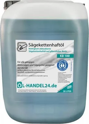 A large plastic container of blue liquid, likely oil, with a label detailing product information.