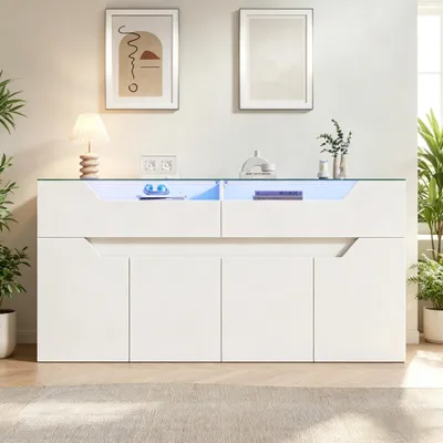 Produktbild von STILVORA Sideboard Weißer mit gehärteter Glasplatte, Kommode mit 2 Schubladen, Aufbewahrungsschrank für Esszimmer & Wohnzimmer