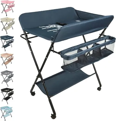Image de Table à langer pour bébé - Pliable et mobile - Hauteur réglable - Bleu foncé