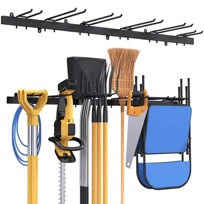 Produktbild von Garagen Gerätehalter 46 Zoll, Metallwandhaken 12 Haken Werkzeugregal Wand Werkzeughalter für Garagen Keller Werkstatt Besen Rechen Werkzeug Organizer (Schwarz-)