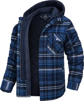 Image de ASKSA Hommes Chemise d'hiver Doublure Chemise à carreaux Veste à capuche, Bleu foncé, 2XL