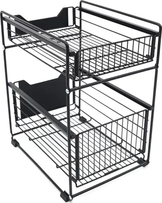 Zdjęcie produktu dla Organizer do szafki pod zlewozmywak - 2-poziomowa półka - wysuwana szuflada - teleskopowa - metalowa - wolnostojąca do kuchni/łazienki - czarna