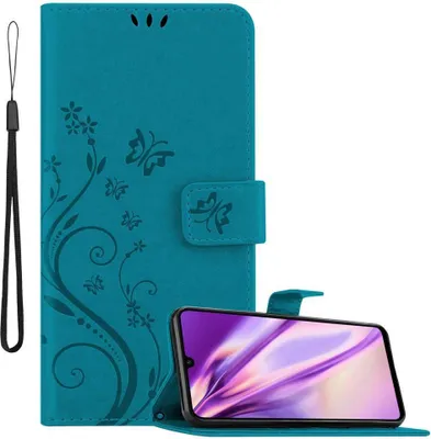 A teal flip phone case with a floral and butterfly design, shown open with a smartphone inside.