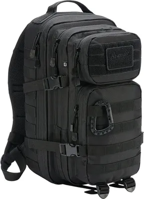 A black backpack is shown against a white background.