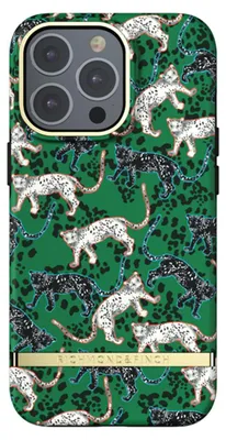 A phone case with a leopard pattern on a green background.