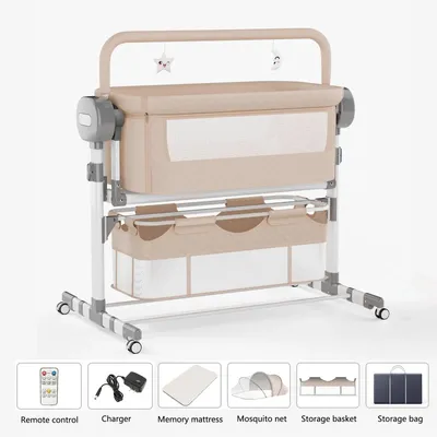 Produktbild von 3-in-1 Elektrisches Babybett - Beistellbett - Tragbar - 5 Schwingstufen - Co-Sleeper - Feststellbare Rollen - Waschbarer Stoff - Khaki