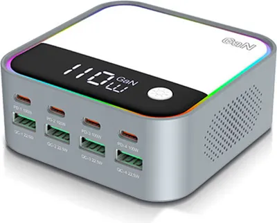 Zdjęcie produktu dla Stacja szybkiego ładowania, 120 W, ładowarka 8 w 1 GaN z kolorowym światłem oddychającym, szerokie napięcie 100 šC 240 V dla Apple iPhone, wielu urządzeń, stacja szybkiego ładowania USB