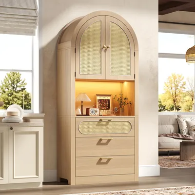 Produktbild von Flieks Küchenschränke mit verstellbare LED, Rattantüren, Hochschrank mit 2 Ablagefächer und 3 Schubladen, Sideboard 80x35x180cm, Natur
