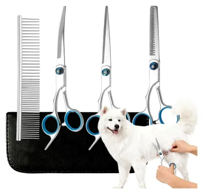 Produktbild von Hunde Pflege Scheren, 3-teiliges Set mit Kamm, aus Edelstahl, gerade, gebogene und Ausdünnungsschere für die Tierpflege