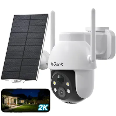 Produktbild von ieGeek 2K Solar Überwachungskamera Aussen Akku Kamera Outdoor mit 360°Überwachung Automatischer Personenverfolgung 15M Farbe Nachtsicht Licht/Tonalarm