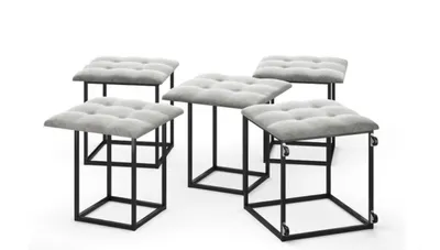 Produktbild von Hocker Set 5-in-1 Sitzhocker-Transformer XL 50 cm gepolstert Stoff Velours Grau in Wildleder-Optik, Rollbar