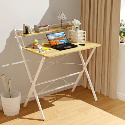Produktbild von Schreibtisch Klappbar,Kleiner Schreibtisch Computertisch mit Regal,Klapptisch Arbeitszimmer für Home Office Schreibtisch,PC-Tisch 80x50x107cm Beige