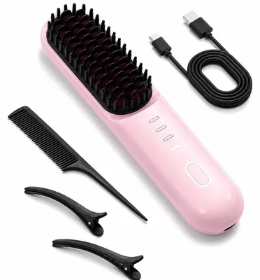Produktbild von Haarglättungsbürste Akku, kabellose elektrische Haarbürste mit Keramikheizung, 4 Temperaturstufen und Ionenschutz, USB-C Ladegerät für glattes Haar ohne Frizz