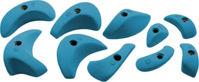 Set von blauen L-Klettergriffen "Holds Set 1 pinches" von Ocun; geeignet für Kletterwände.