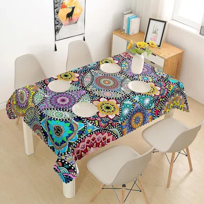 Obrázek produktu pro Ubrus Boho styl Obdélníkové mandalové zahradní ubrusy pro venkovní Polyesterové omyvatelné venkovní ubrusy Čtvercové odolné proti povětrnostním vlivům pro kuchyňský zahradní stůl Jídelní stůl Konferenční stolek Oslava 150x220 cm