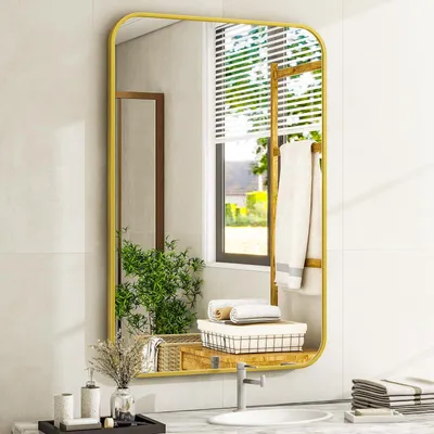 Produktbild von Rechteckiger Badezimmerspiegel 26'' x 38'', Schminkspiegel für die Wand, Wandspiegel für die Heimdekoration, horizontal oder vertikal aufhängbar, gold