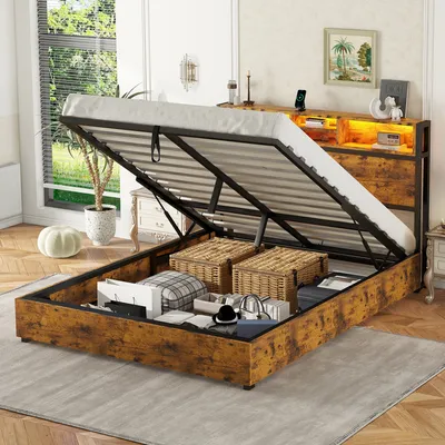 Produktbild von okwish Boxspringbett Holzbett 140 x 200 cm mit verstellbares Kopfteil und USB-Ladeanschluss, Hydraulisches Stauraumbett mit Bettkasten Stauraum(Ohne Matratze)- Braun