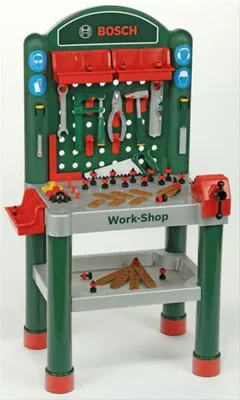 Produktbild von Bosch Kinder Werkbank Workshop, 75 Teile, Kunststoff, Grün Grau Rot, 50x37x102 cm (LxBxH), Arbeitsplatte mit Lernfunktion und Schraubstock, inkl. originalgetreuer Bosch Werkzeuge, Made in Germany