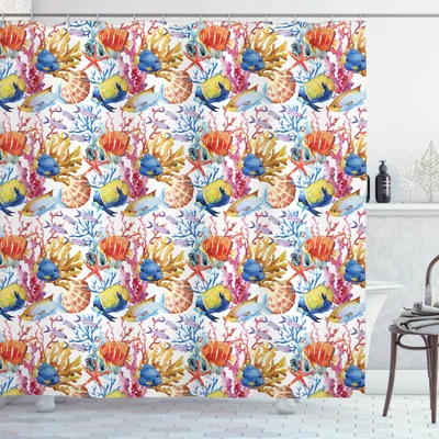 Produktbild von ABAKUHAUS Fisch Duschvorhang, Aquarell Unterwasser, Set inkl.12 Haken aus Stoff Wasserdicht Bakterie und Schimmel Abweichent, 175 x 180 cm, Multicolor