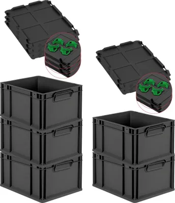 Produktbild von SparSet 5x Eurobox NextGen Grip mit Auflagedeckel inkl. 4 grünen Schiebeschnappverschlüssen | HxBxT 22x30x40cm | 20 Liter | Schwarz | Griffe geschlossen | Eurobehälter, Transportbox, Transportbehälter, Stapelbehälter