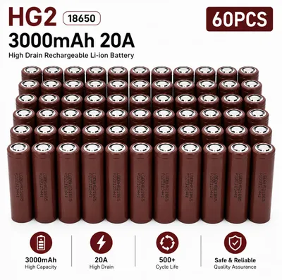Produktbild von 18650 Li-Ion Akku - Wiederaufladbare Zelle 3,7V 3000mAh - 20A Entladestrom - Flat Top - Für Elektrowerkzeug und RC Drohne - 60 Stück Akkus