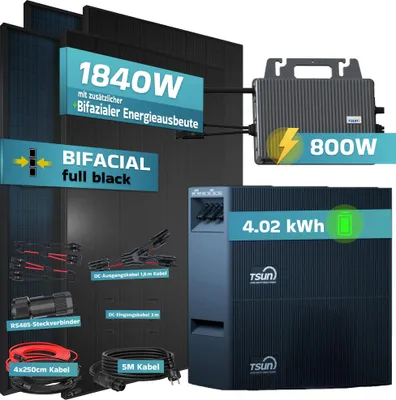 Produktbild von SUNNIVA® 1840W Balkonkraftwerk mit 4,02 kWh Speicher TSUN TSOL-DCU2000Lite, 4x 460W BIFAZIAL FULLBLACK komplett Steckdose, Solaranlage + Solarspeicher