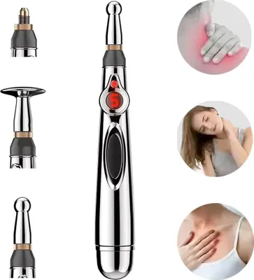 A collage showing an electronic acupuncture pen with multiple attachments, alongside circular insets depicting people experiencing pain in their shoulder, neck, and chest.
