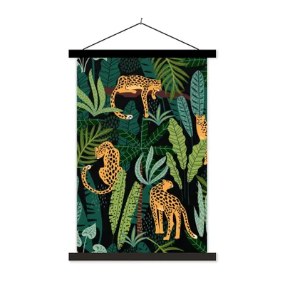 Produktbild von MuchoWow® Textilposter Dschungel - Panther - Muster - Jungen - Mädchen - Pflanzen 40x60 cm mit schwarzem Rahmen - Wanddekorationen