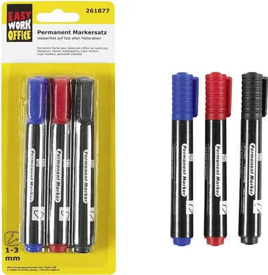 Produktbild von Permanentmarker Set 3-teilig, schwarz, blau, rot, Strichstärke 1-3 mm, wisch- und wasserfest, lichtecht