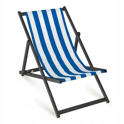 Zdjęcie produktu dla Drewniany leżak w biało-ciemnoniebieskie paski z czarną ramą, składany, do ogrodu, na plażę i balkon