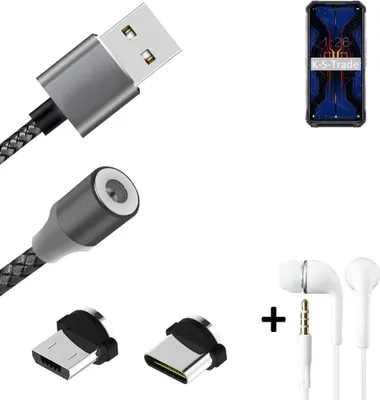 Produktbild von K-S-Trade® Hochwertiges Magnet-Lade-kabel Sync-Kabel Daten-Kabel + Kopfhörer kompatibel mit Doogee S95 Pro mit USB-Typ-C-Anschluss und
