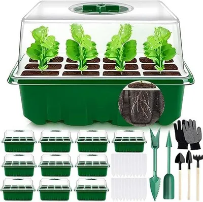 Produktbild von Famanu Anzuchtkasten für Innenräume, 10-teiliges Mini-Gewächshaus-Set mit 2 Gartenwerkzeugen, 3 Schaufeln, 20 Etiketten, Anzuchtbehälter mit Deckel