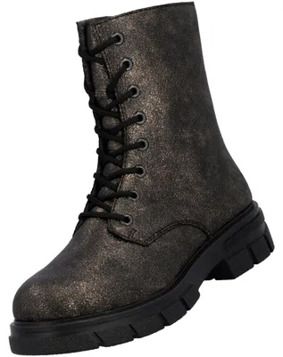 Auf dem Bild ist ein bronzefarbener Stiefel zu sehen der von der Seite betrachtet wird. Der Stiefel hat einen hohen Schaft und eine strukturierte Oberfläche die ihm ein elegantes Aussehen verleiht.