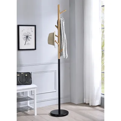 Produktbild von Kleiderständer ENRICO mit 6 Haken, Schwarz/Natur – stabile Standgarderobe aus Metall und massivem Kiefernholz, platzsparendes Design für Flur Büro und Empfangsbereich