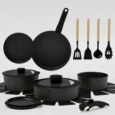 Zdjęcie produktu dla Set de Cuisine 19 Piššces Aluminium Revšºtement CšŠramique - AntiadhšŠsif - PoignšŠes Amovibles-Compatible Induction-Sans //PTFE