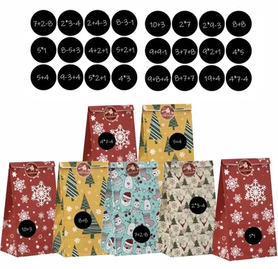 Immagine prodotto di Calendario dell'Avvento da riempire, composto da 24 sacchetti di carta natalizi con adesivi numerati. Kit per realizzare decorazioni fai-da-te, dimensioni 11,5x8x21 cm