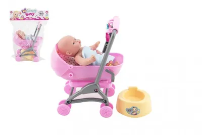 Zdjęcie produktu dla Lalka/niemowlę ruchome, 12 cm, w wózku o wymiarach 10x14x18 cm, z akcesoriami, dostępne w 2 kolorach, zapakowane w woreczek