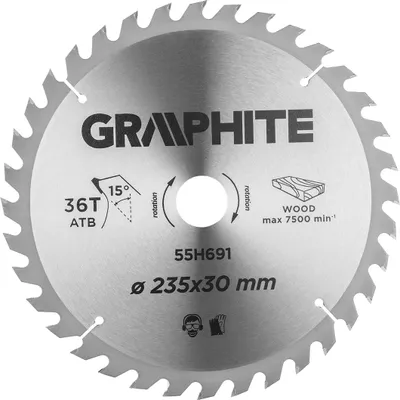 Produktbild von GRAPHITE Kreissägeblatt 235x30 mm, 36 Zähne.Widia widerstandsfähig, robust, zum Schneiden von Holz, Spanplatten, MDF|Reduzierring30mm->25.4, 20, 16 mm