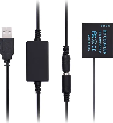 Zdjęcie produktu dla Zestaw zasilający USB Andoer DMW-DCC11 – łącznik DC i bateria atrapy. Zastąp baterię DMW-BLG10 / BLE9 kablem zasilającym USB-DC.