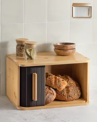 Immagine prodotto di Cassetta per il pane Praknu piccola in legno con porta scorrevole - Contenitore per il pane 33x23cm - Cassetta per il pane salvaspazio ed elegante per una maggiore freschezza - Nero