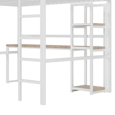 Produktbild von Multifunktionales Hochbett mit Schreibtisch, USB-Ladung & Regalen,140×200cm, weiß