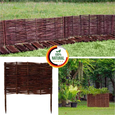 A collage of images showing a woven willow garden border fence, a close-up of a section of the fence, and a garden scene with plants and a planter.