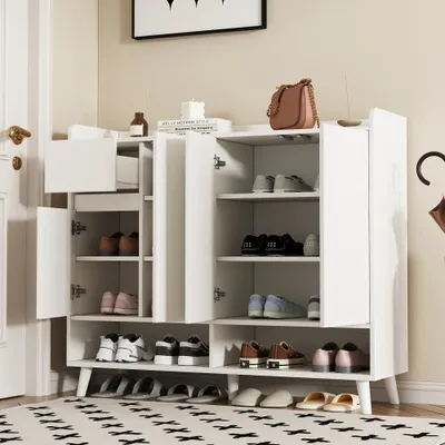 Zdjęcie produktu dla Komoda / Komoda stojąca / Szafka na buty z regulowanymi półkami – Minimalistyczny organizer do domu z nogami wykonanymi z litego drewna – Biały, wymiary: 120*99*35 cm