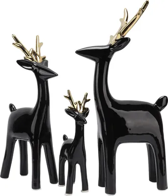 Image de 3 ornements de cerf en céramique décoratifs ronds et brillants pour la table Décoration de cerf pour la maison Noir doré