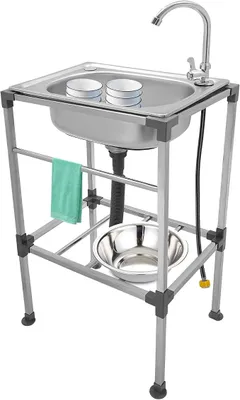 Imagen del producto de Fregadero de acero inoxidable de 48 x 35 x 83 cm, fregadero independiente de un solo seno, fregadero para exteriores con grifo, fregadero móvil para cocina, restaurante, lavadero o garaje
