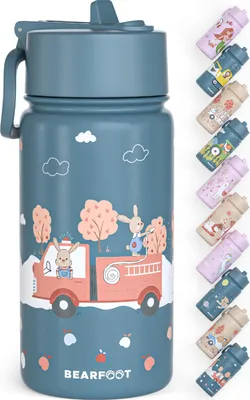 Produktbild von Trinkflasche Kinder Edelstahl mit Strohhalm, Thermosflasche 400ml - BPA frei, auslaufsicher, Kleinkinder, Mädchen & Jungen Wasserflasche - Feuerwehr