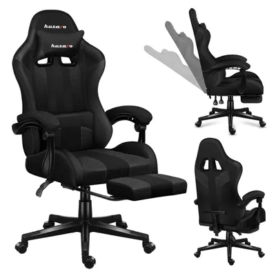 A collage of a black gaming chair from different angles, showing its features like the headrest, lumbar pillow, and footrest.
