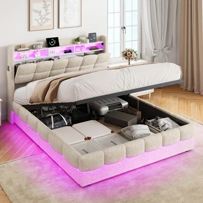 Image de Lit boxspring INONEFT, 140 x 200 cm, lit à lattes relevables avec espace de rangement, lit rembourré double avec ports USB et éclairage LED, lit pour adolescents, revêtement en polaire douce, couleur beige