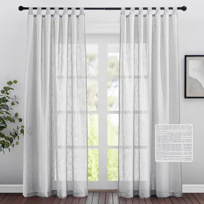 Image de Rideau en lin semi-transparent pour salon, avec passants, dimensions 220 cm de hauteur x 140 cm de largeur, couleur gris clair, lot de 2